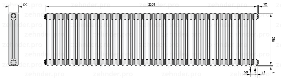 Схема (чертеж) Радиатор Zehnder Charleston 3075/48 №5510 Белый глянцевый RAL 9016